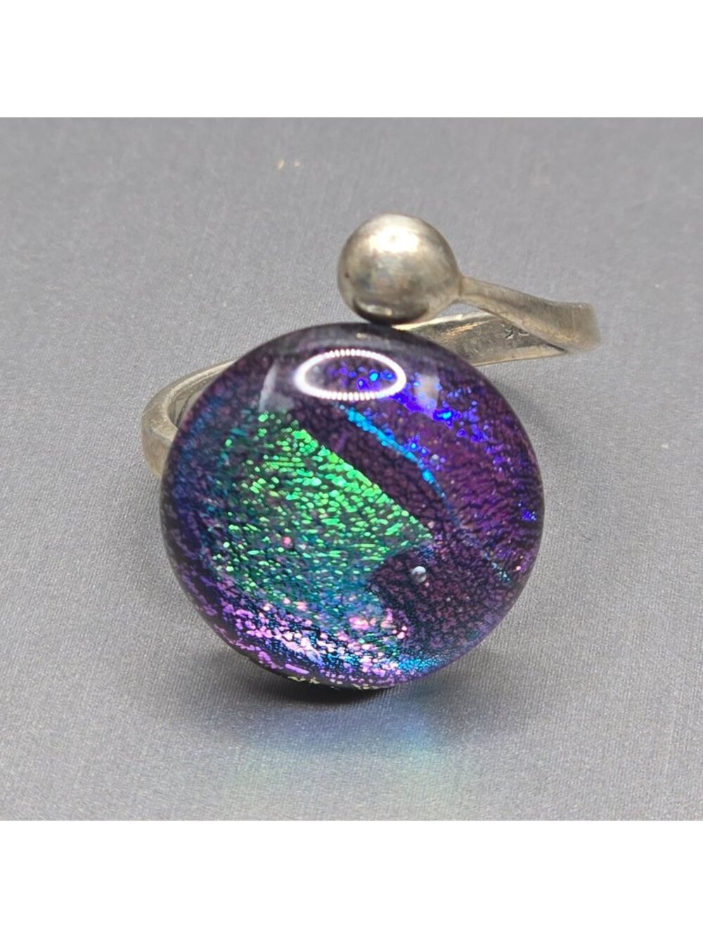 Vintage Sterling Silver Dichroic Glass Bypass Ring Size 7 Adjustable